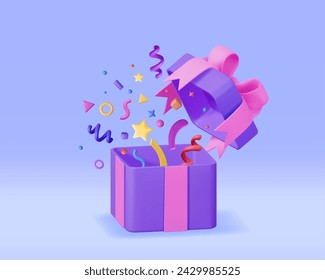 3D Open Gift Box With Falling Confetti. Render Present Box Surprice. Christmas. New Year Sale, Shopping. Present Box with Bows Ribbons. Giftbox for Valentine, Birthday and Holiday. Vector Illustration