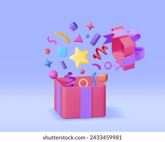 3D Open Gift Box With Falling Confetti. Render Present Box Surprice. Christmas. New Year Sale, Shopping. Present Box with Bows Ribbons. Giftbox for Valentine, Birthday and Holiday. Vector Illustration