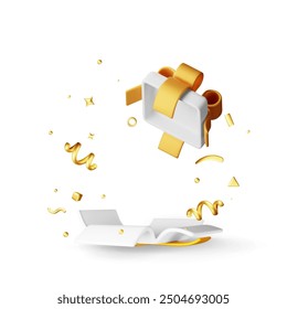 3D open gift box with falling confetti. Render present box surprise. Christmas. new year sale, shopping. Present box with bows ribbons. Giftbox for valentine, birthday and holiday. Vector illustration