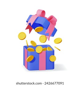 3D Open Gift Box Full of Gold Coins Isolated. Render Giftbox and Golden Coins Money. Concept of Loyalty Program, Casino or Online Games Bonus. Money Prize Reward. Vector Illustration