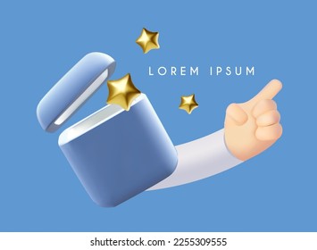 3D open gift box, gold stars and hand showing bonus information