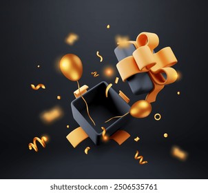 3D open gift box with golden confetti. Render black wrapped box. Christmas, new year, sale, shopping. Present box with bows and ribbons. Giftbox valentine, birthday, holiday. Vector illustration