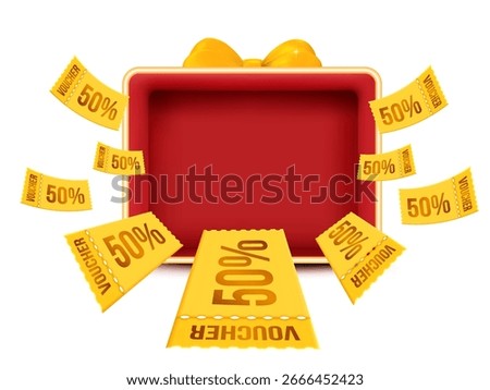 3D open gift box with golden bow and red interior surrounded by flying yellow 50% voucher tickets. 3d modern discount promo vector for sales, marketing, and e-commerce campaigns.