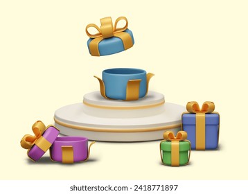 Caja de regalo abierta 3D en el podio. Plantilla vectorial, escena, burla para el diseño web