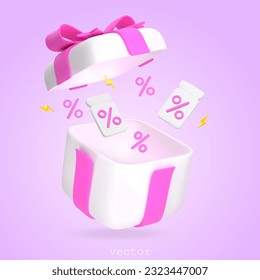 3d Open Gift Box with Pink Ribbon, Bow and Flying Gift Tag, Coupon, Percent Symbol. Concept of promotion, discount, sale, gift. Cartoon Style Vector Render Illustration on pink background.