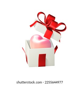 3d open gift box with red ribbon and pink heart inside. Vector illustration isolated on white background.