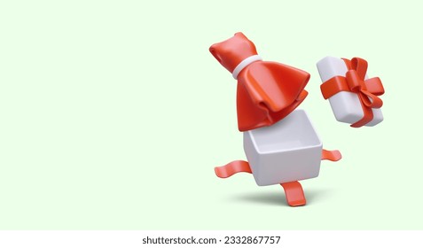3D open gift box with ribbon, red dress. Cartoon style concept. Color advertising layout. Purchase and delivery of gift. Bonuses for buyers. Giveaway, promotion, prize