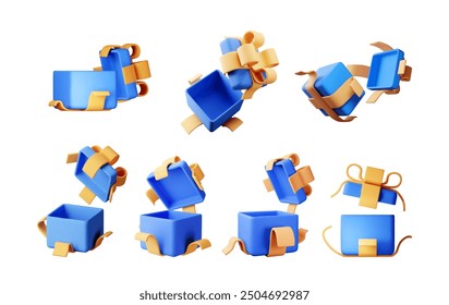 3D open gift box set isolated. Render collection of colorful box. Christmas, new year, sale, shopping. Present box with bows ribbons. Giftbox for valentine, birthday, holiday. Vector illustration