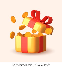 3D open gift box spilling gold coins, symbolizing gifts and surprises. Perfect for loyalty programs, cash rewards. Bright and attractive design for promotion.