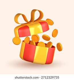 Caja de regalo abierta 3D derramando monedas de oro, simbolizando regalos y sorpresas.