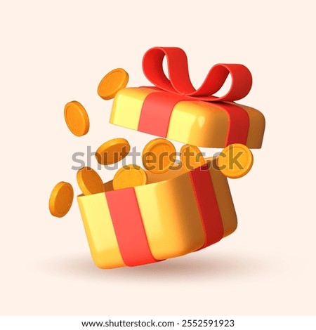 3D open gift box spilling gold coins, symbolizing gifts and surprises. Perfect for loyalty programs, cash rewards. Bright and attractive design for promotion.