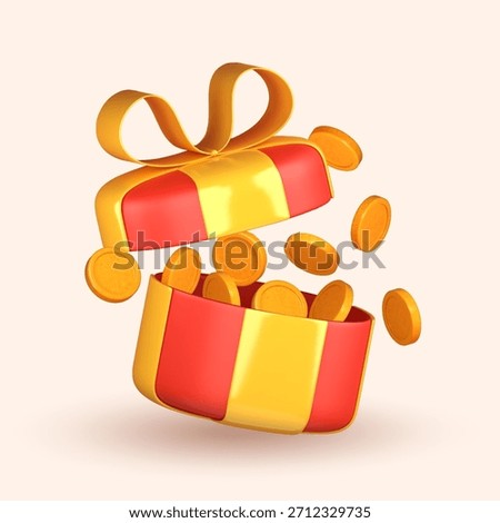 3D open gift box spilling gold coins, symbolizing gifts and surprises.