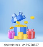 3D open gift box surprise with gold coins. loyalty program and get rewards, Money prize reward. Casino or Online game winner. 3d rendering. Vector illustration