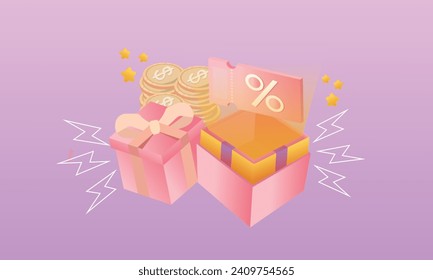 3D caja de regalo abierta sorpresa gane un punto concepto de programa de fidelización y obtenga recompensas.3d objetivo para la tecnología, ilustración de uso de medios sociales en línea.