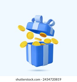 3D open gift box surprise with gold coins. loyalty program and get rewards, Money prize reward. Casino or Online game winner. 3d rendering. Vector illustration