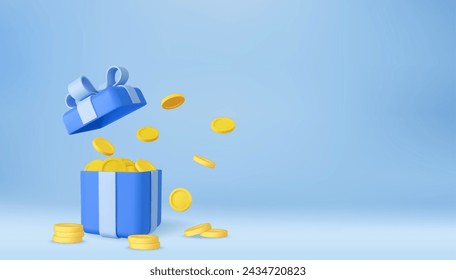 3D open gift box surprise with gold coins. loyalty program and get rewards, Money prize reward. Casino or Online game winner. 3d rendering. Vector illustration