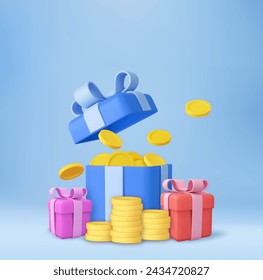 3D open gift box surprise with gold coins. loyalty program and get rewards, Money prize reward. Casino or Online game winner. 3d rendering. Vector illustration