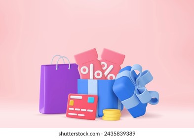 3D open gift box surprise with discount coupon, earn point concept, loyalty program and get rewards. online shopping bonus. 3d rendering. Vector illustration