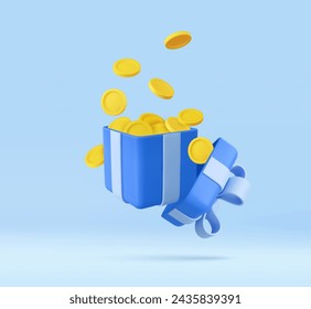 3D open gift box surprise with gold coins. loyalty program and get rewards, Money prize reward. Casino or Online game winner. 3d rendering. Vector illustration