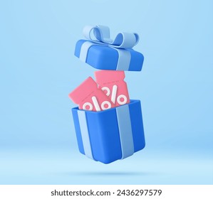 3D open gift box surprise with discount coupon, earn point concept, loyalty program and get rewards. online shopping bonus. 3d rendering. Vector illustration