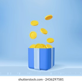 3D open gift box surprise with gold coins. loyalty program and get rewards, Money prize reward. Casino or Online game winner. 3d rendering. Vector illustration