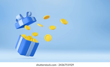 Sorpresa de la caja de regalo abierta 3D con monedas de oro. Programa de fidelidad y obtener recompensas, premio de dinero. Ganador del casino o del juego en línea. renderizado 3d. Ilustración de vector