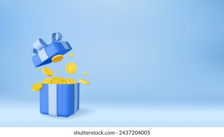 Sorpresa de la caja de regalo abierta 3D con monedas de oro. Programa de fidelidad y obtener recompensas, premio de dinero. Ganador del casino o del juego en línea. renderizado 3d. Ilustración de vector