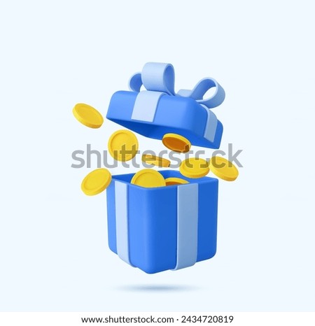 3D open gift box surprise with gold coins. loyalty program and get rewards, Money prize reward. Casino or Online game winner. 3d rendering. Vector illustration