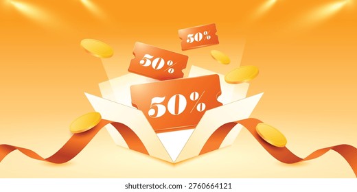 3d open gift box with voucher. Elegant orange coupon design pop up from opened box.