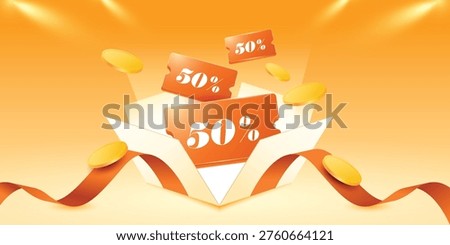 3d open gift box with voucher. Elegant orange coupon design pop up from opened box.
