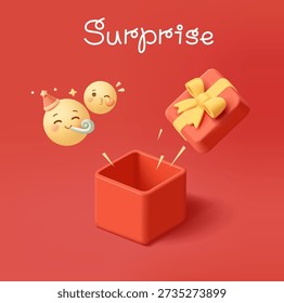 3D open gift empty box, happy emojis, smileys. Red banner for celebration, birthday, prize, giveaway, discount concepts. Vector illustration.