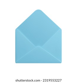 3D open letter envelope isolated on white background. Blue mail message open envelope 3d render symbol design decor element. Cute cartoon style vector post, communication, office correspondence.