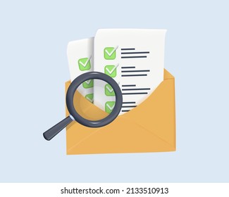 3d Open Mail Envelope Icon With Magnifying Glass Isolated On Background. Render Giving Love Email For Business, To Do List. 3d Realistic Vector. Email Marketing Campaign, Newsletter Marketing. 3D.