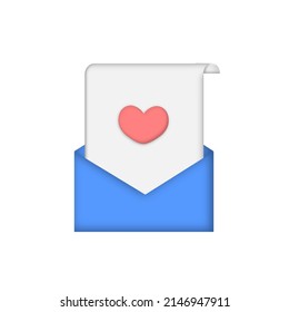3D open mail envelope icon. Read document, postal envelope, online message, business news, invitation, love email, romantic card, communication symbol. 3d realistic vector illustration.