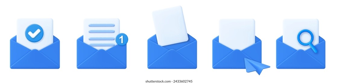 3D Open Mail Envelope Icon Set mit Marker Neue Nachricht. E-Mail-Benachrichtigung mit Briefen, Häkchen, Papierebene und Lupen-Icons. 3D-Rendering Vektorgrafik