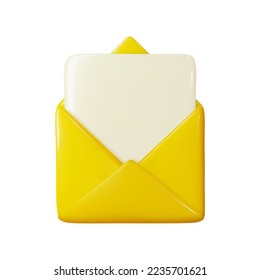 3d open mail envelope with message, letter or email. Realistic postcard or paper document sent as corporate notification, web news, subscription verification confirmed.