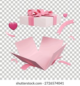 Caja de regalo rosa abierta 3D que revela una sorpresa para el día de San Valentín o la celebración de cumpleaños