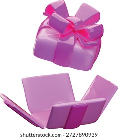 Caja de regalo rosada abierta 3D con el icono del Vector del arco de la cinta. Regalo de sorpresa festivo caja vacía sin tapa con tapa voladora aislada. Decoración de vacaciones de volumen realista, celebración de cumpleaños. Procesar paquete de desempaquetadura