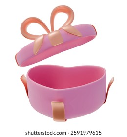 3D Open Pink Heart shaped Gift Box with Golden Ribbons. Realistic vector illustration. 3D rendering icon
