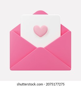 3d open pink mail envelope icon with flying hearts isolated on grey background. Render giving love email for Mother and Valentines Day greetings. 3d realistic vector