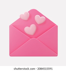 3d open pink mail envelope icon with flying hearts isolated on grey background. Render giving love email for Mother and Valentines Day greetings. 3d realistic vector