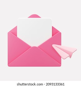 3d open pink mail envelope icon with paper plane isolated on grey background. Render giving love email for Mother and Valentines Day greetings. 3d realistic vector