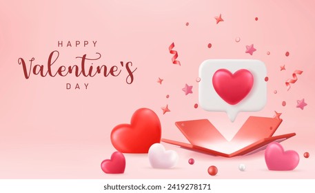 3d open present box with confetti and heart shape balloons around. Suitable for Valentine's Day and Mother's Day. 3d rendering. Vector illustration