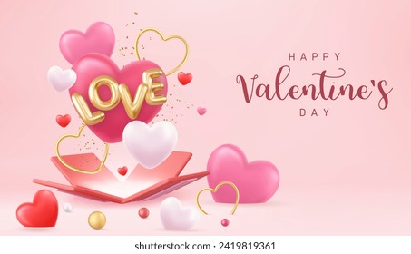 3d open present box with confetti and heart shape balloons around. Suitable for Valentine's Day and Mother's Day. 3d rendering. Vector illustration