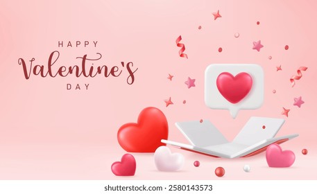 3d open present box with confetti and heart shape balloons around. Suitable for Valentine's Day and Mother's Day. 3d rendering. Vector illustration