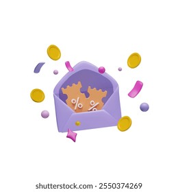 3d open purple envelope filled with tear-off coupons or discount vouchers with percentage signs. Festive elements, coins, tinsel. Promotion, sale. Benefits. Vector illustration on a white background.