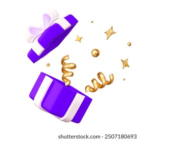 3d open purple gift box with golden confetti. Cartoon style. Stock vector illustration on isolated background.