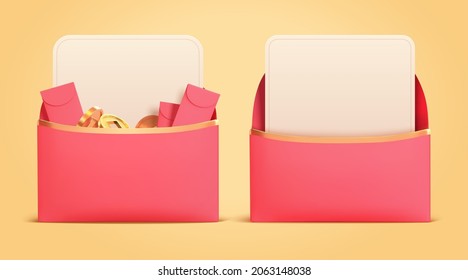 3d open red envelopes with pop out blank card. One with lucky money and one without.