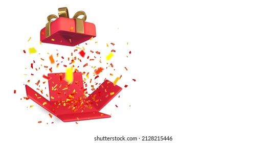 3D Open Red Gift Box and Confetti. Christmas Background. Vector Illustration.