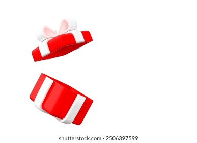 3d open red gift box with white ribbon. Cartoon style. Stock vector illustration on isolated background.